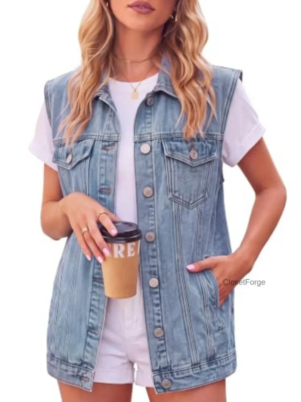 Sleeveless Loose Denim Vest with Pockets
